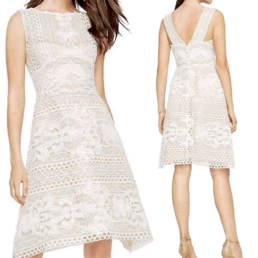 BCBG MAXAZRIA Kira Lace Dress Off White Tan  zero